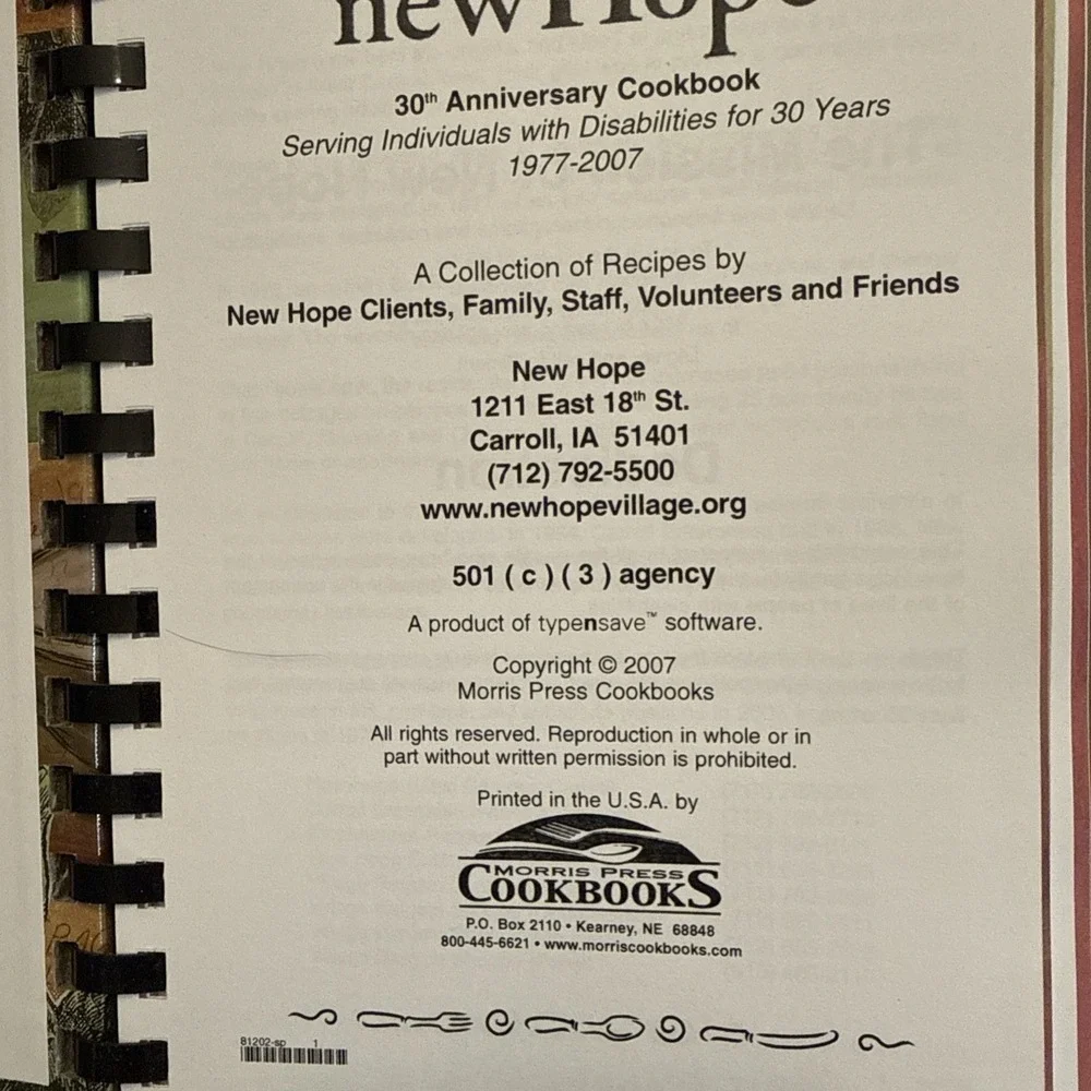 New Hope 20th Anniversary Cookbook Carroll Iowa Binder Recipes 2007